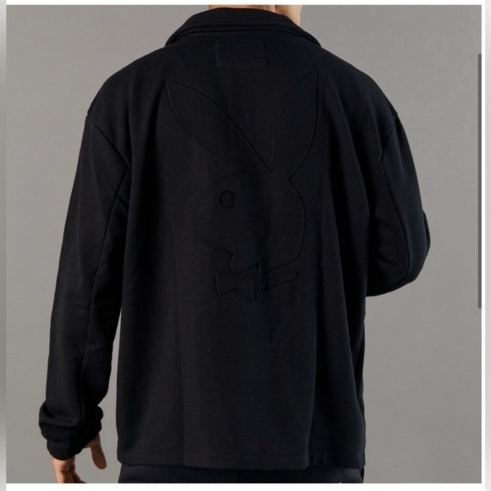 🐰PLAYBOY ALL BLACK EMBOSSED FLEECE VARSITY BOMBER JACKET